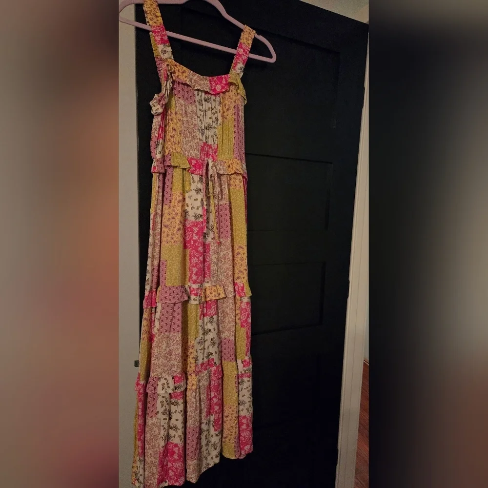 Easel Pink and Lime Ruffled Floral Asymmetrical Tiered Sundress - Picture 5 of 6
